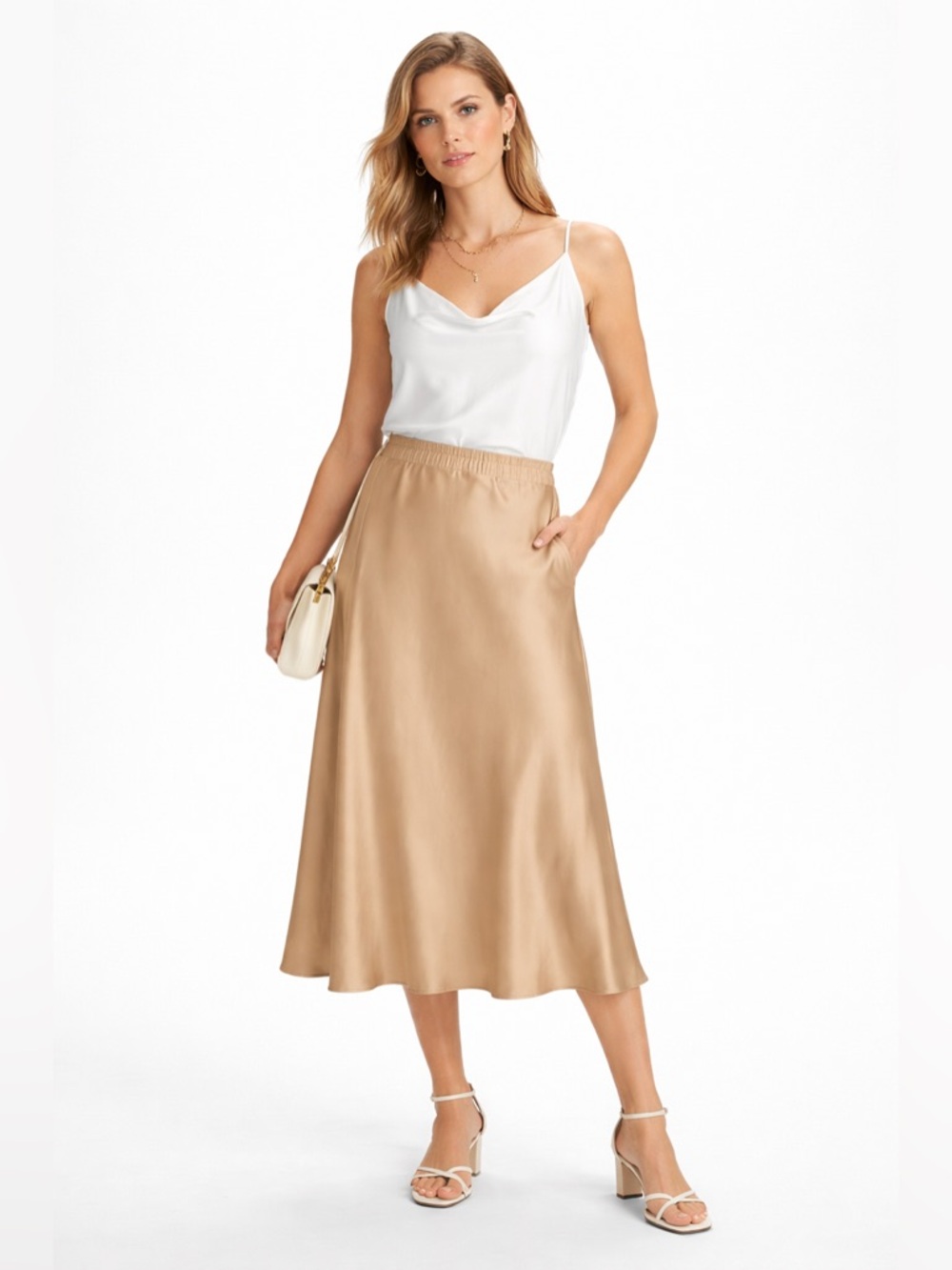 NWT J.Crew Gwyneth Slip Skirt Champagne Satin Midi Elastic Waist XXL Minimalist